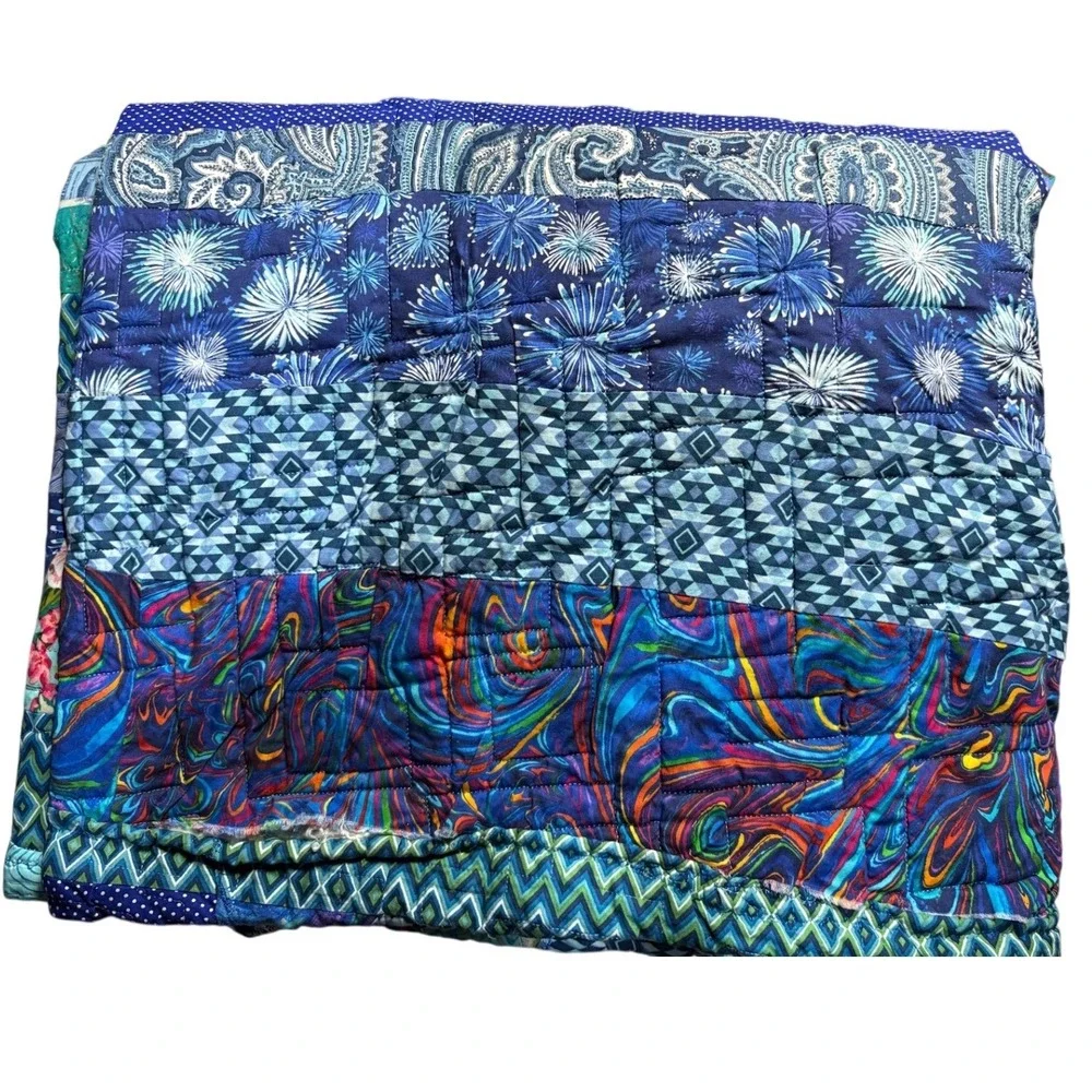 Handmade Batik Quilt Multicolor Cotton‎ 78x70 Bohemian Patchwork Jelly Roll